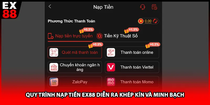 Quy trình nạp tiền EX88 diễn ra khép kín và minh bạch